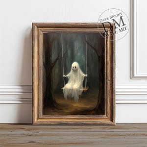 Ghost on Swing Print, Dark Halloween Art, Ghost Swinging Painting, Digital Printable Haunted Decor