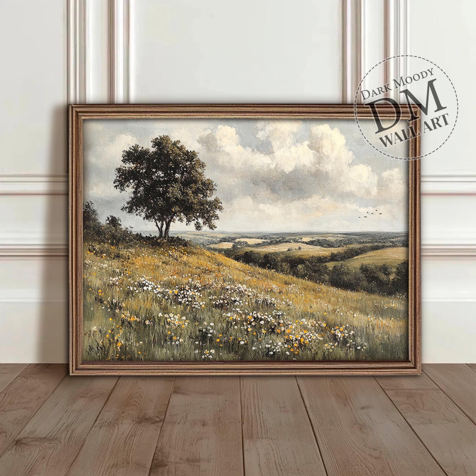 Antique Oil Painting of Country Landscape, Rolling Hills and Oak Tree with Wildflowers, Rustic Printable Wall Art