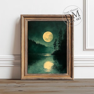Scandinavian Forest Moonlight Printable Wall Art, Moody Gothic Landscape Print, Digital Download