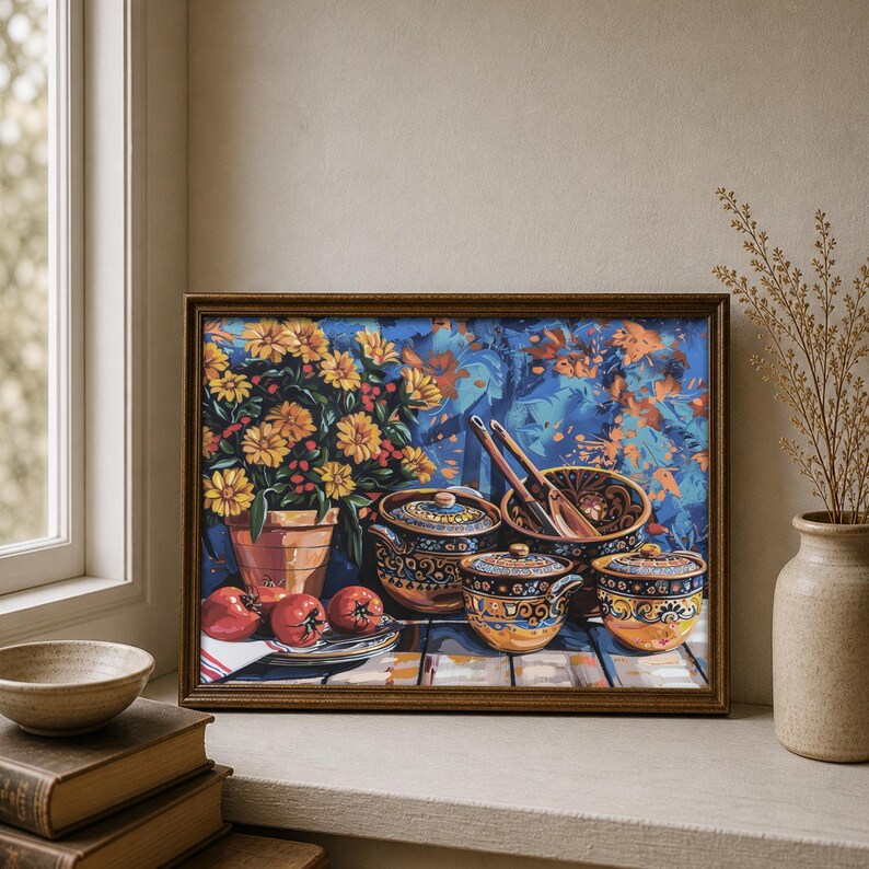 May include: A framed still life painting featuring a terracotta pot of yellow flowers, red tomatoes, and decorative ceramic bowls with lids. The painting has a blue and orange background and is displayed on a windowsill.
