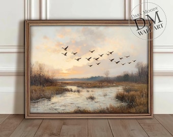 Wild Goose Wall Art Printable, Moody Wetland Landscape Print, Rustic Farmhouse Decor