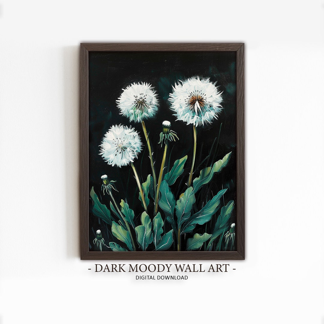 Dandelion Painting Printable Floral Dark Academia Wall Art Dark Moody ...