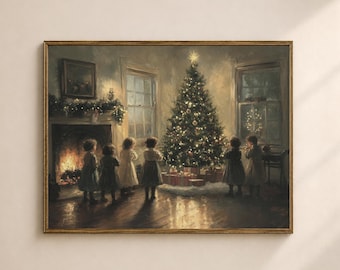 Utskrivbar julgransväggkonst, vintage julmorgon barntryck, mysig vardagsrumsdekoration