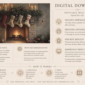 May include: Digital download wall art featuring a cozy fireplace scene with Christmas stockings, candles, and a Christmas tree. The image has a warm, vintage aesthetic. The text on the image says "Digital Download" and "Printable Wall Art".