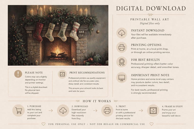 May include: Digital download wall art featuring a cozy fireplace scene with Christmas stockings, candles, and a Christmas tree. The image has a warm, vintage aesthetic. The text on the image says "Digital Download" and "Printable Wall Art".