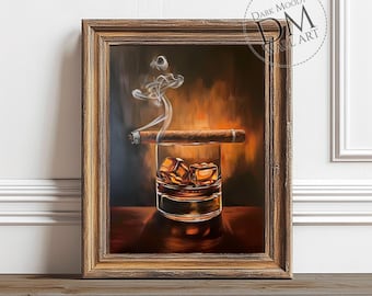 Whiskey & Cigar Masculine Printable Wall Art Print, Dark Moody Bar Decor, Vintage Digital Download