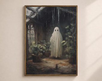 Ghost Halloween Art Print, Haunted Greenhouse Painting, Printable Digital Vintage Wall Art