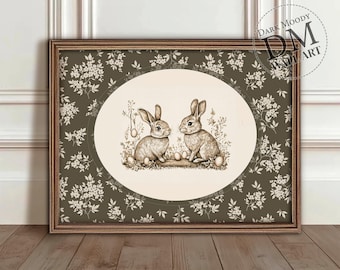 Arte de parede imprimível com coelhinho da Páscoa, estampa vintage de coelho com ovos de primavera, download digital vintage