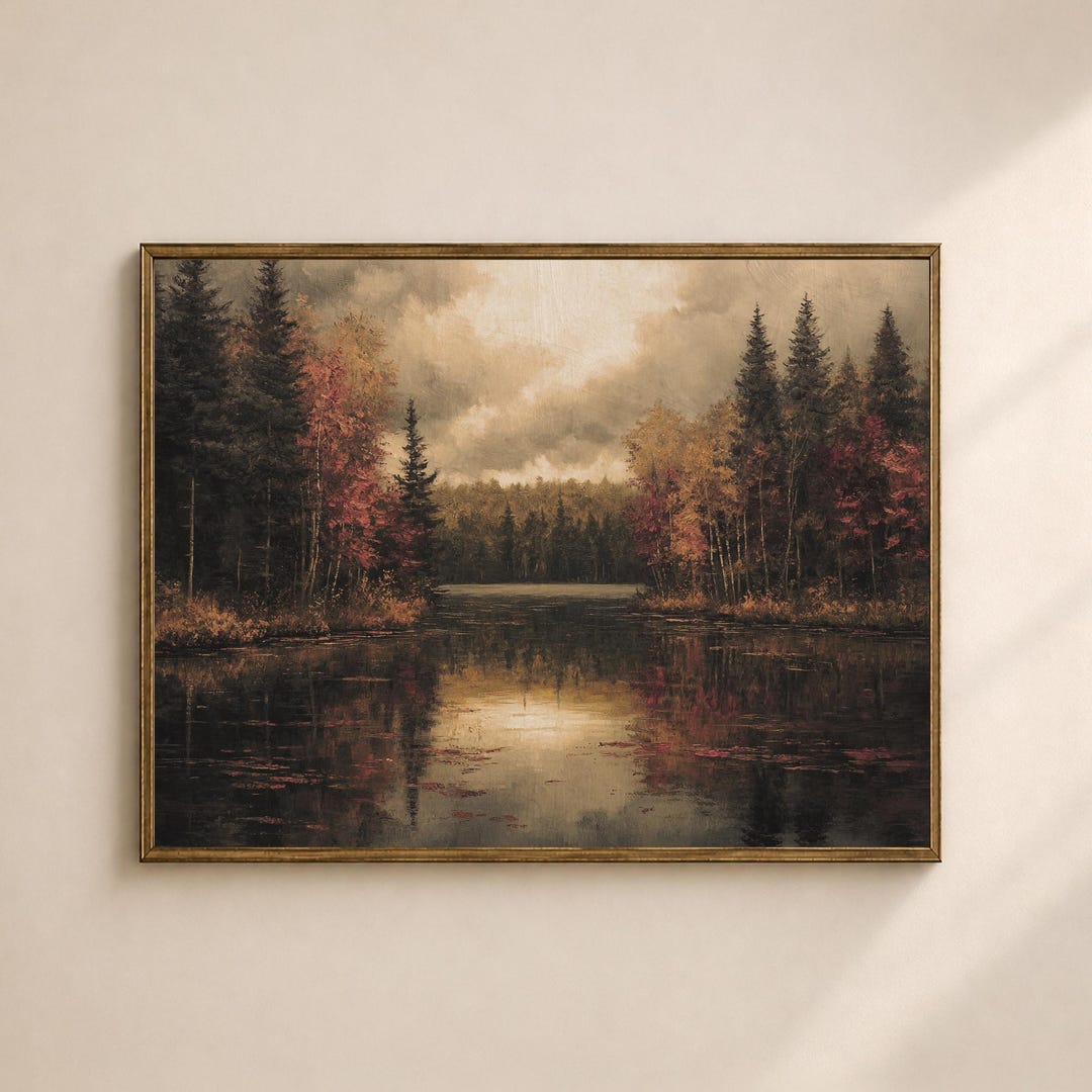 Autumn Lake Wall Art Printable, Moody Forest Reflection Landscape Print ...