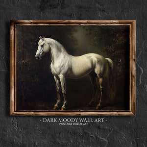 Horse Wall Art, Printable Dark Moody Wall Art, White Horse Painting