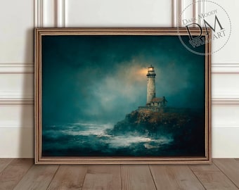 Moody Lighthouse Printable Wall Art, Vintage Coastal Storm Print, Dark Nautical Gothic Decor