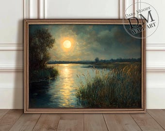 Moonlit Lake Landscape Printable Wall Art, Moody Nature River Print, Rustic Dark Academia Decor