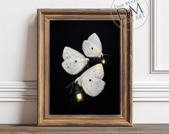 Puede incluir: Impresión artística enmarcada que presenta tres mariposas blancas con manchas negras, cada una con una pequeña linterna. El fondo es negro. El marco es de color marrón cálido. La obra de arte está etiquetada como "DARK MOODY WALL ART".
