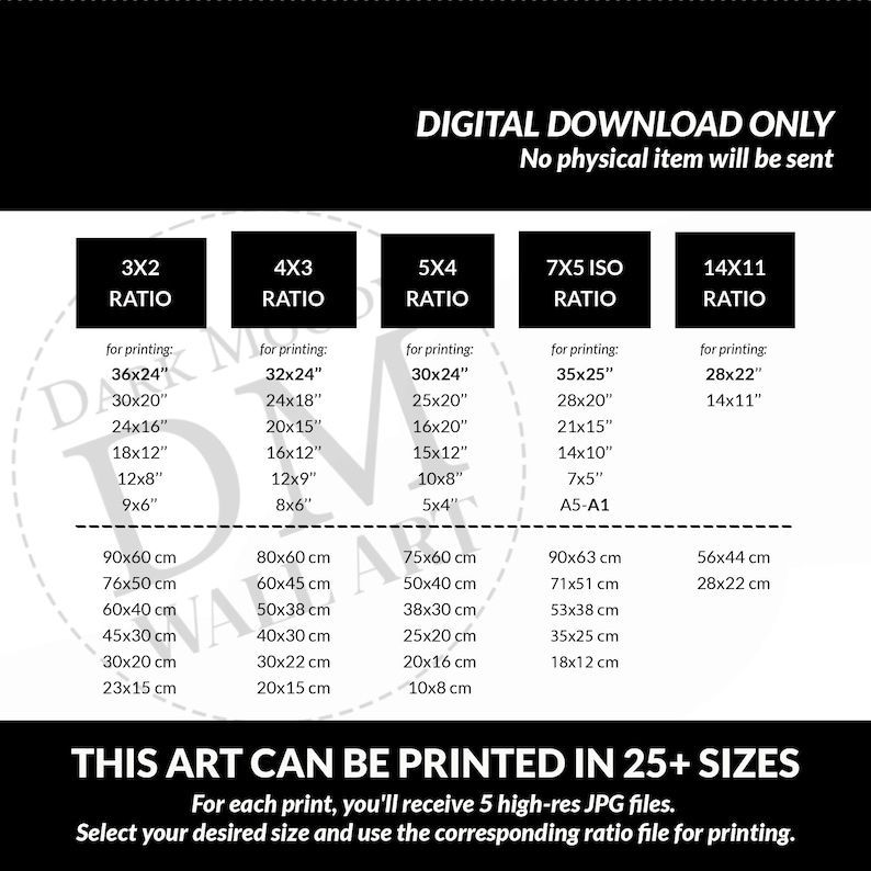 May include: A digital art print size guide with various aspect ratios, including 3x2, 4x3, 5x4, 7x5 ISO, and 14x11. The guide lists print sizes in inches and centimeters, with text indicating the art can be printed in 25+ sizes. The text also states that you will receive 5 high-res JPG files.