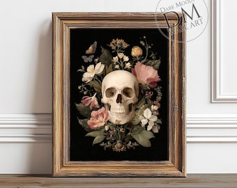 Lámina decorativa de calaveras florales para pared, lámina gótica botánica de calaveras, decoración de salón estilo Dark Academia.