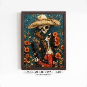 Couple Dia de los Muertos, impression Catrina Calavera, peinture d'art folklorique coloré mexicain, art mural imprimable, téléchargement numérique