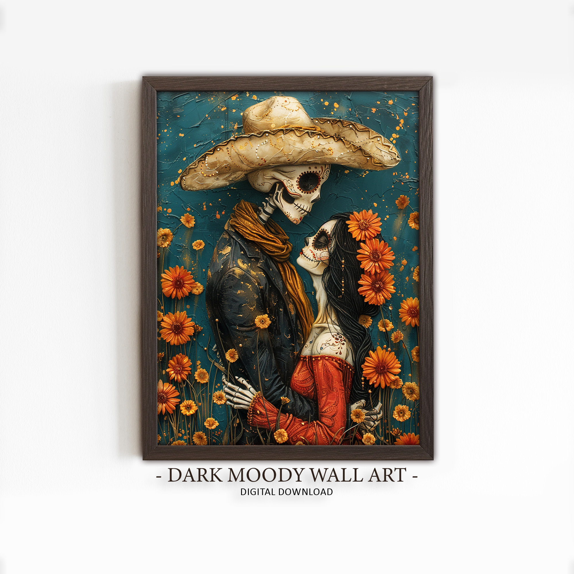 Dia de Los Muertos Couple, Catrina Calavera Print, Mexican Colorful Folk Art Painting, Printable Wall Art, Digital Download