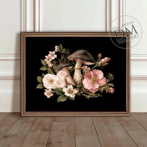Mushroom and Rose Printable Wall Art, Dark Moody Botanical Print, Digital Download