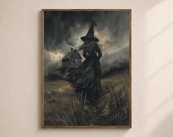 Witch Wall Art Printable, Haunted House Landscape Print, Gothic Halloween Living Room Decor