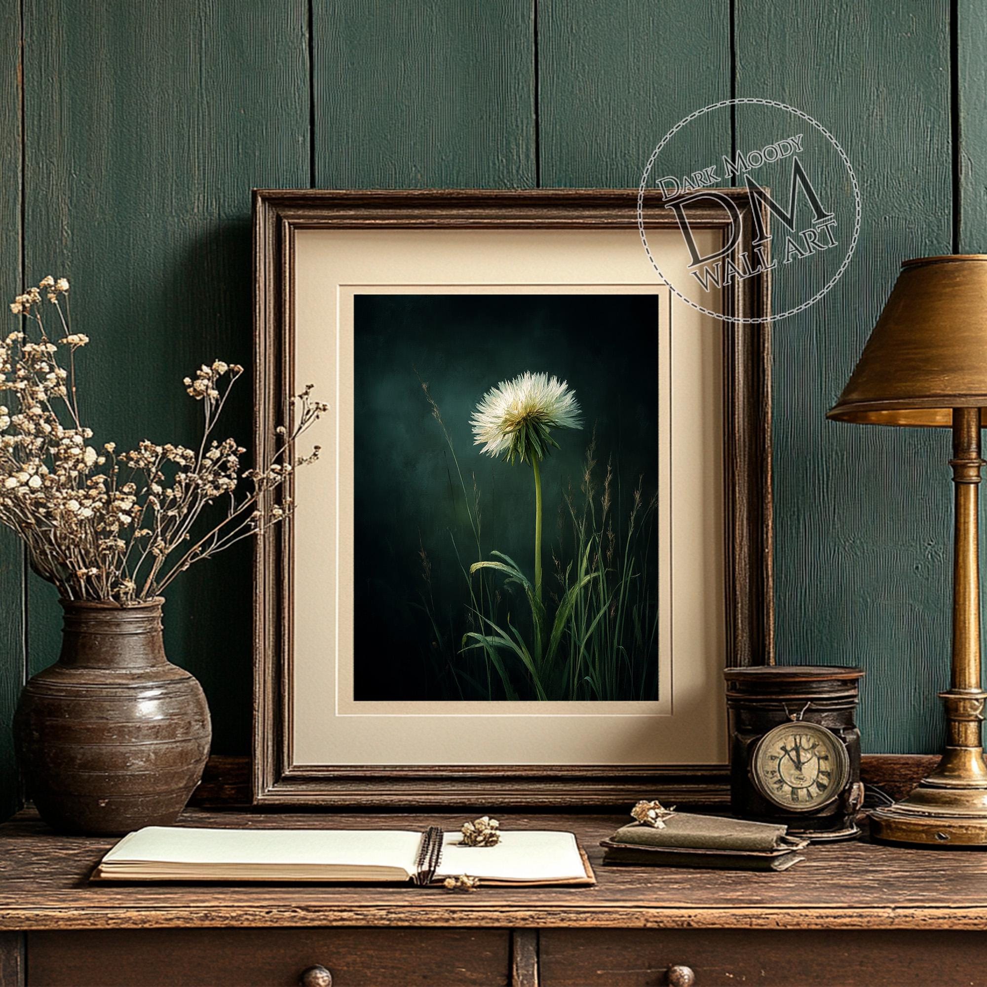 White Dandelion Wall Art Printable, Moody Botanical Flower Print, Dark ...