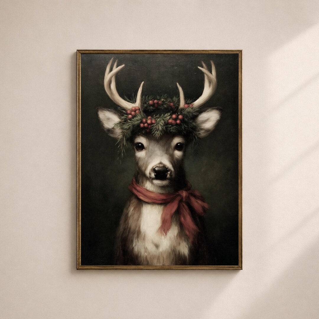 Reindeer Wall Art Printable, Vintage Christmas Deer Portrait Print ...