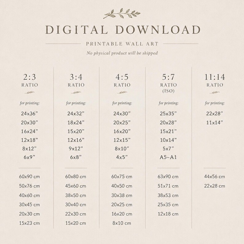 May include: Digital download printable wall art with various aspect ratios and sizes, including 24x36 inches, 20x30 inches, and 16x24 inches. Includes metric measurements such as 60x90 cm, 50x76 cm, and 40x60 cm.