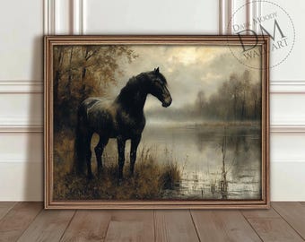 Horse by River Printable Wall Art, Moody Autumn Equestrian Landscape Print, Vintage Digital Download