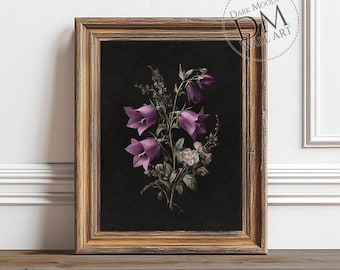 Purple Bellflower Wall Art Printable, Moody Botanical Floral Print, Dark Academia Gothic Decor