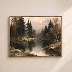 May include: A framed landscape painting depicts a serene forest scene with a calm lake reflecting the trees and sky. The artwork features a palette of greens, browns, and muted blues, with a golden frame.