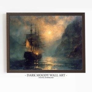 Vintage Ship Ocean Painting, Nautical Seascape Wall Art, Moody Antique Decor