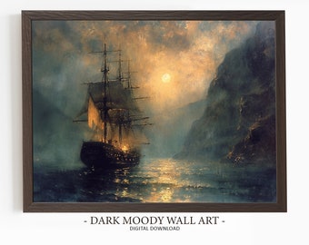 Vintage Ship Ocean Painting, Nautical Seascape Wall Art, Moody Antique Decor