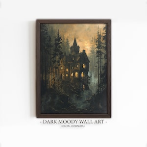 Gothic Castle Painting, Printable Dark Moody Halloween Print, Victorian Medieval Castle Art, Digital Download