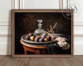 Dark Academia Still Life Wall Art Printable, Vintage Fig Botanical Print, Moody Kitchen Decor
