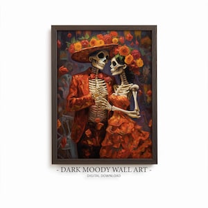 Impression Dia de los Muertos, affiche couple squelette, peinture d'art populaire mexicain, décoration murale imprimable