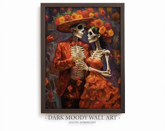 Dia de Los Muertos Print, Skeleton Couple Poster, Mexican Folk Art Painting, Printable Wall Art Decor