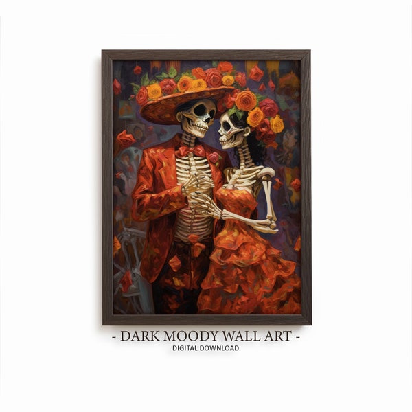 Dia de Los Muertos Print, Skeleton Couple Poster, Mexican Folk Art Painting, Printable Wall Art Decor