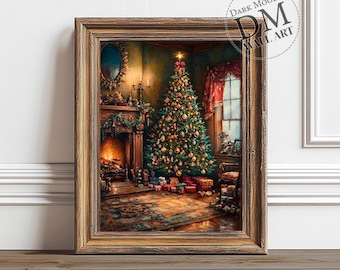 Victorian Vintage Christmas Tree Printable Wall Art, Cozy Holiday Fireplace Scene, Vintage Digital Download
