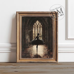 Ballerina Gemälde, viktorianischer schwarzer Schwan, druckbares Dark Academia-Dekor, stimmungsvolle Vintage-Kunst, Gothic Cottagecore-Dekor