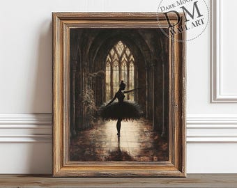 Gothic Ballerina Printable Wall Art, Black Swan Dance Portrait Print, Vintage Digital Download