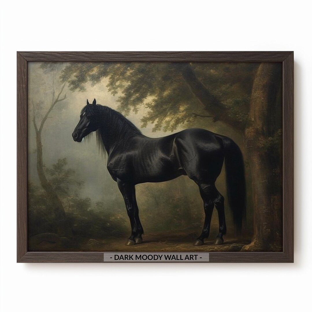 Antique Black Horse Wall Art Painting Dark Moody Rustic Etsy