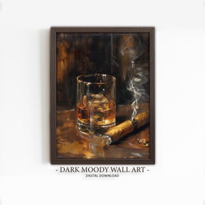 Irischer Whisky und Zigarre Druck, Bar Wandkunst, Küche Stillleben Gemälde, dunkle schwermütige Kunst, druckbare Wandkunst, digitaler Download
