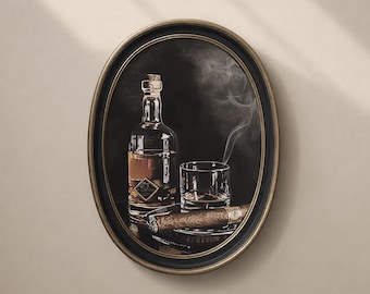 Masculine Whiskey & Cigar Printable Wall Art, Moody Mens Bar Room Drink Print, Vintage Digital Download
