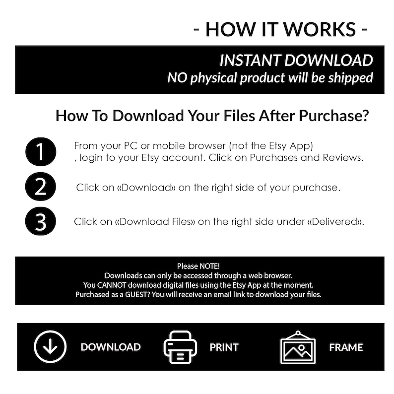 May include: A black and white graphic with instructions on how to download digital files after purchase from Etsy. The graphic includes three numbered steps, a note about downloading files, and icons for download, print, and frame.