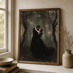 May include: A framed wall art print depicting a couple in black formal attire embracing in a dark, misty forest. The scene features tall, twisted trees and several small, glowing lanterns suspended in the air, creating a moody, atmospheric aesthetic.