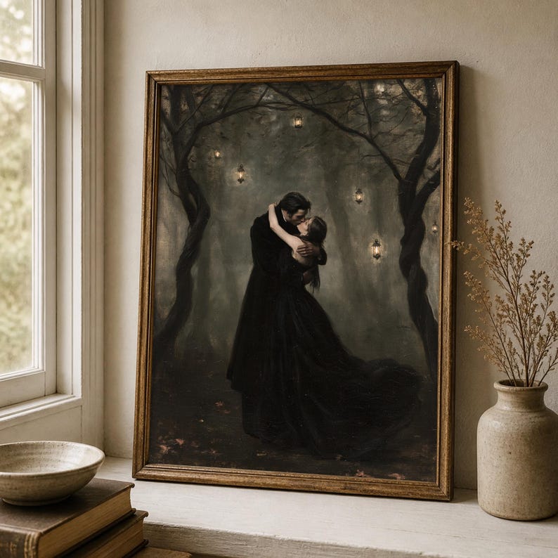 May include: A framed wall art print depicting a couple in black formal attire embracing in a dark, misty forest. The scene features tall, twisted trees and several small, glowing lanterns suspended in the air, creating a moody, atmospheric aesthetic.