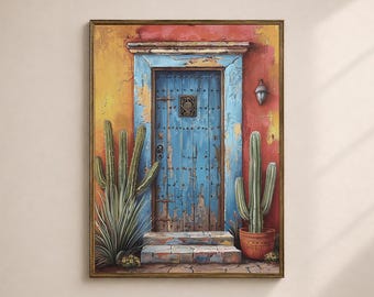 May include: A framed painting depicts a weathered blue door with a decorative metal plate, set in a vibrant orange and yellow wall. Cacti in terracotta pots flank the door, creating a Southwestern theme.