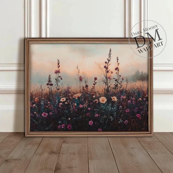 Wildflower Field at Sunrise Printable Wall Art, Misty Floral Landscape, Vintage Digital Download