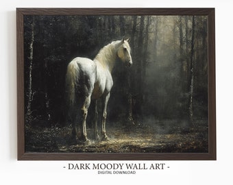 Peinture d&#39;art murale cheval blanc antique - paysage rustique sombre et maussade vintage ferme oeuvre d&#39;art imprimable peinture à l&#39;huile
