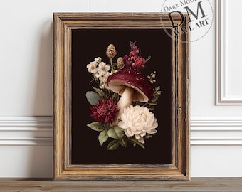 Vintage Mushroom Floral Printable Wall Art, Dark Botanical Still Life, Digital Download