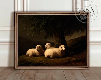 Afdrukbare muurkunst schapen, rustieke humeurige boerderijdierenprint, vintage digitale download